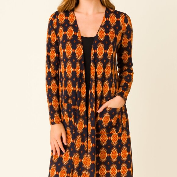 LuLaRoe Sarah Cardigan Duster Southwestern Sweater Long Open Front Orange Small - Picture 1 of 8